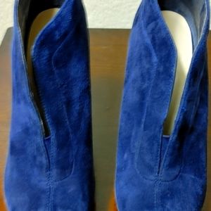 Blue suede peep toe booties